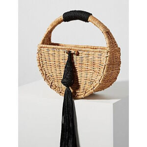 NWT Palma Canaria Straw Top Handle Hoop Basket Handbag with Tassel Brown